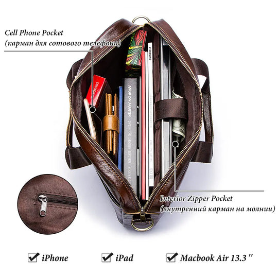Genuine Leather Men's Briefcase, Business Laptop Messenger Bag