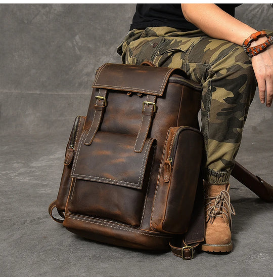 Vintage Crazy Horse Leather Backpack for Men, Large Hiking Bag
