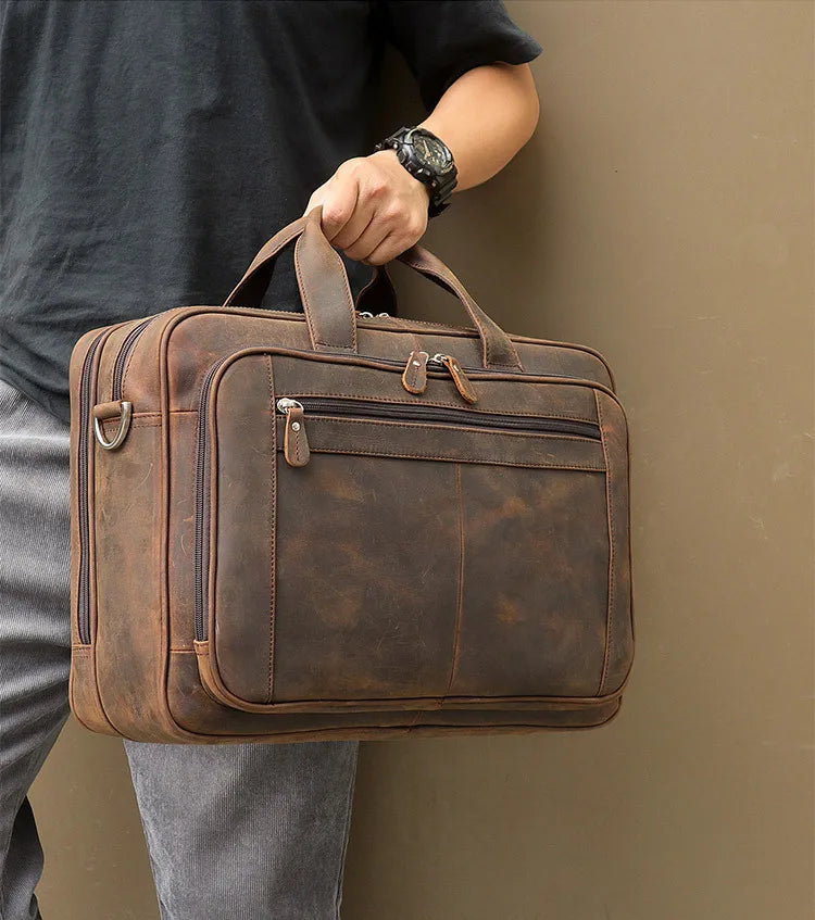 Genuine Crazy Horse Leather Men's Briefcase, 17" Laptop Business Bag