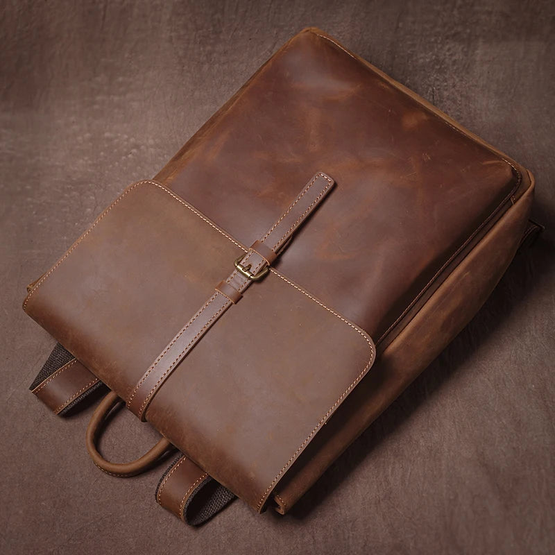 Men’s Retro Genuine Leather Backpack, Flap Travel Commuter Bag