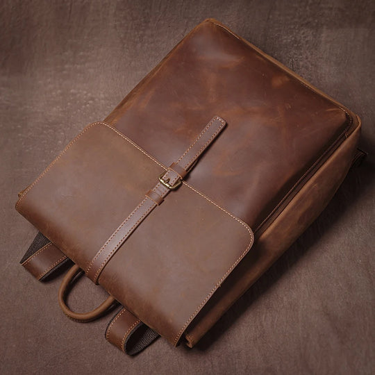 Men’s Retro Genuine Leather Backpack, Flap Travel Commuter Bag
