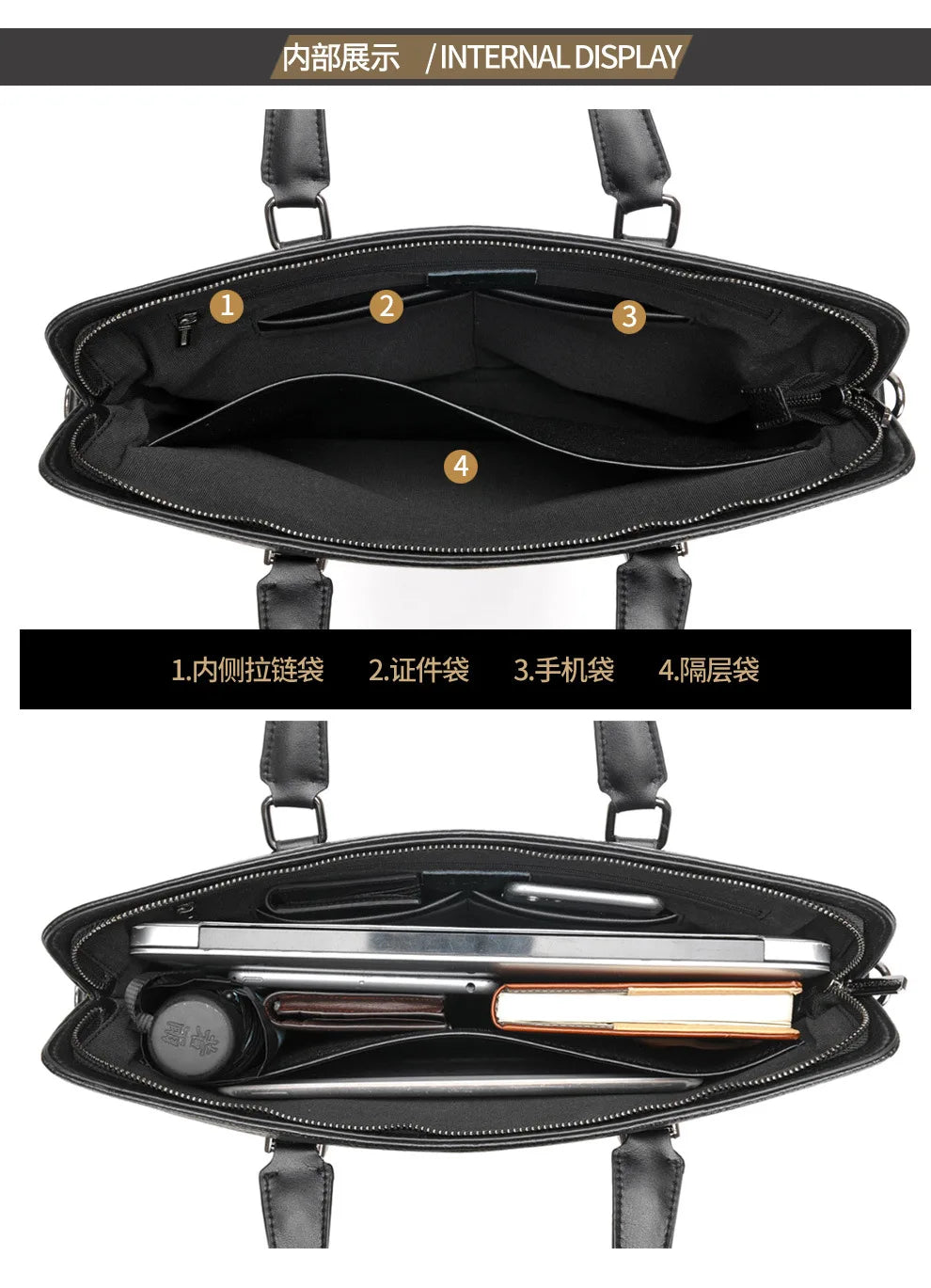 Men’s Genuine Leather Briefcase, Double Zipper Business Bag
