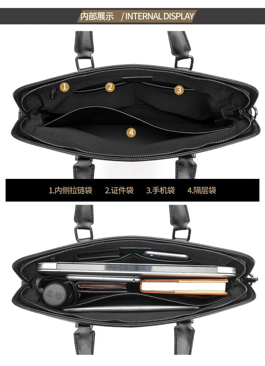 Men’s Genuine Leather Briefcase, Double Zipper Business Bag
