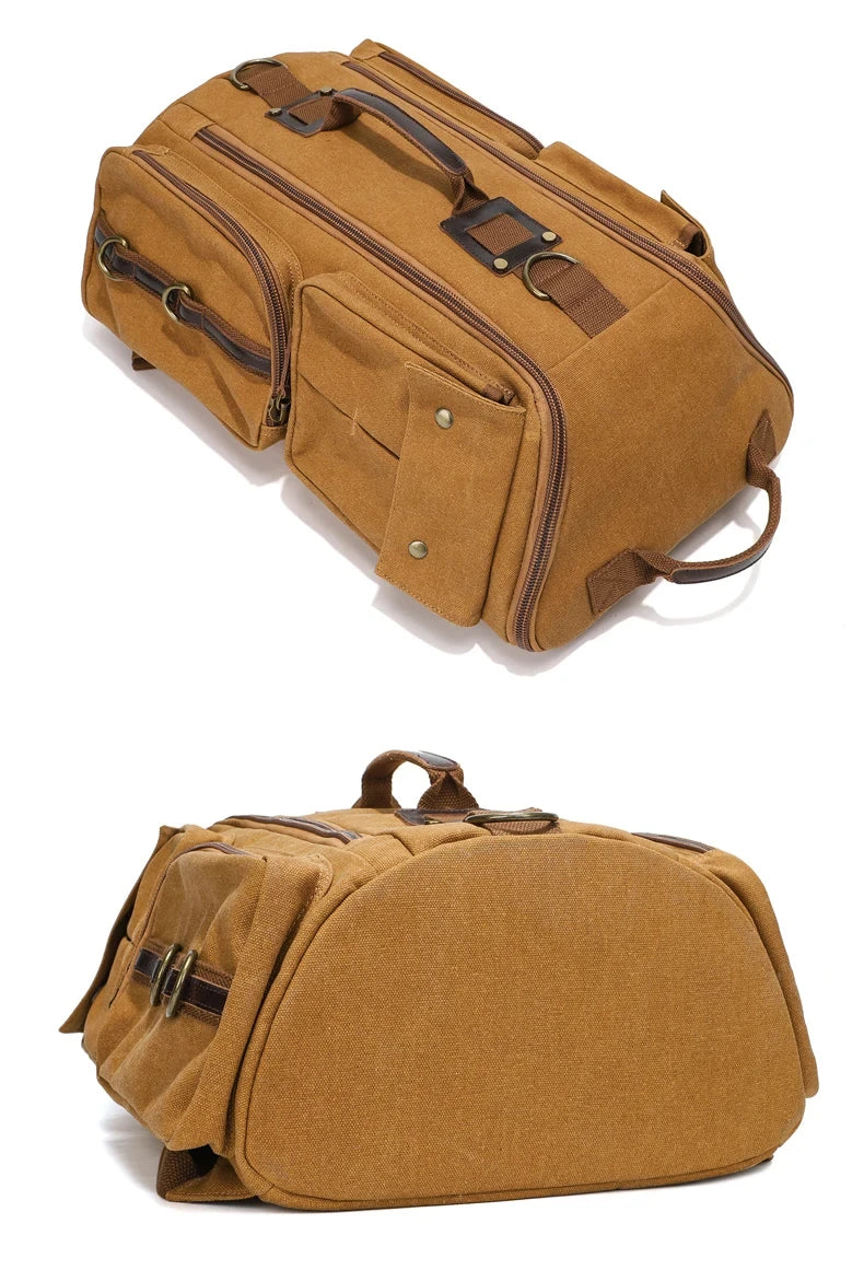 Vintage Leather 16 inch Laptop Backpack and Bag Two-In-One, Waxed Canvas Shoulder Rucksack, Carry-On Travel Bag-Backpack for Men and Women