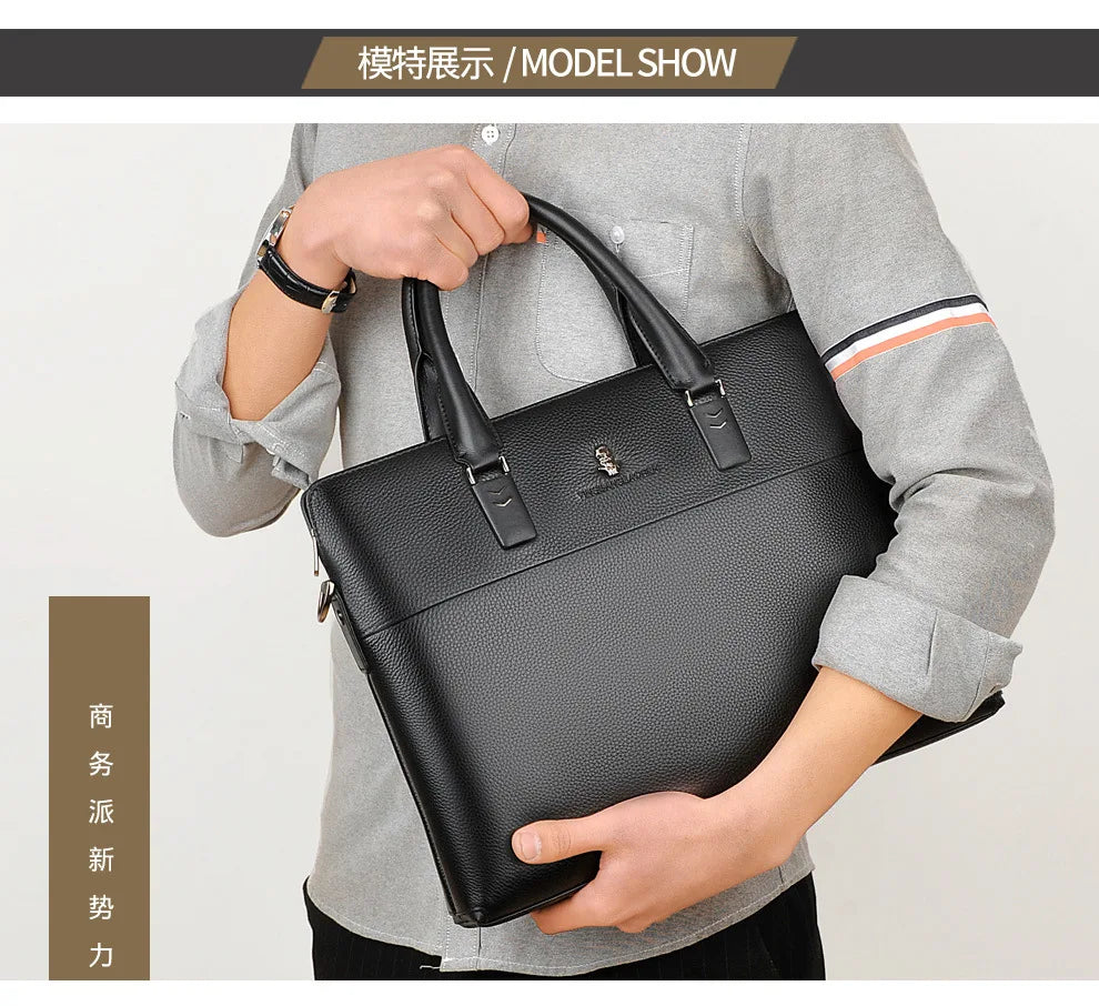 Men’s Genuine Leather Briefcase, Double Zipper Business Bag
