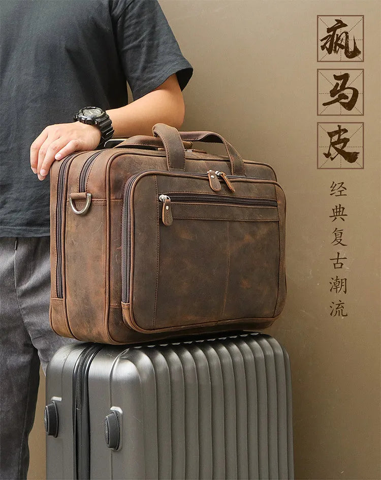 Genuine Crazy Horse Leather Men's Briefcase, 17" Laptop Business Bag