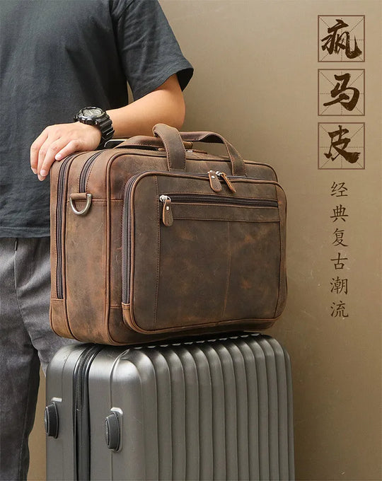Genuine Crazy Horse Leather Men's Briefcase, 17" Laptop Business Bag