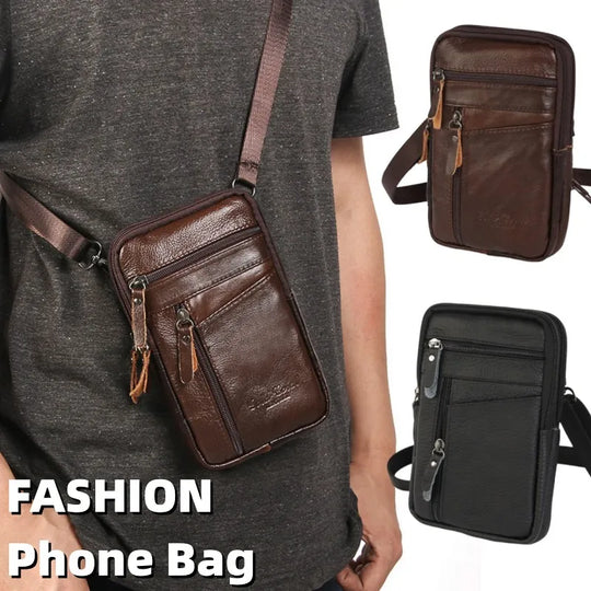 Men’s Genuine Leather Phone Bag, Mini Waist Crossbody Pouch