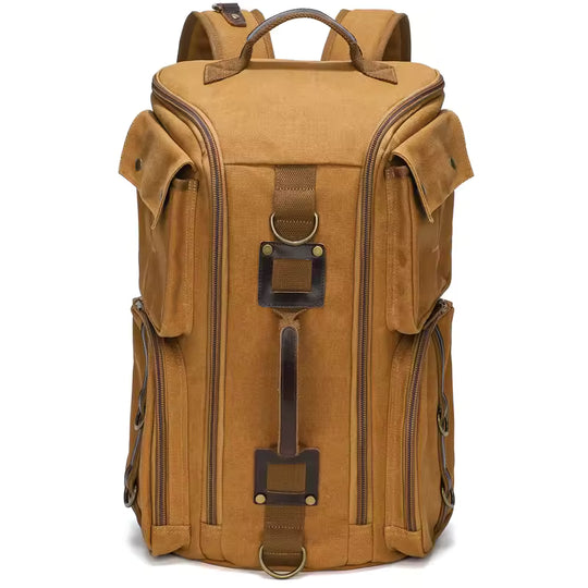 Vintage Leather 16 inch Laptop Backpack and Bag Two-In-One, Waxed Canvas Shoulder Rucksack, Carry-On Travel Bag-Backpack for Men and Women