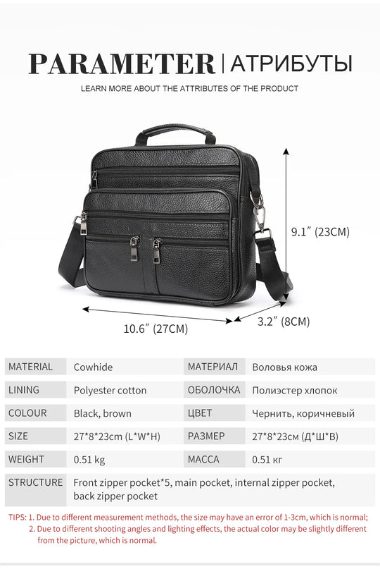 Men’s Genuine Cowhide Leather Shoulder Bag, Business Messenger