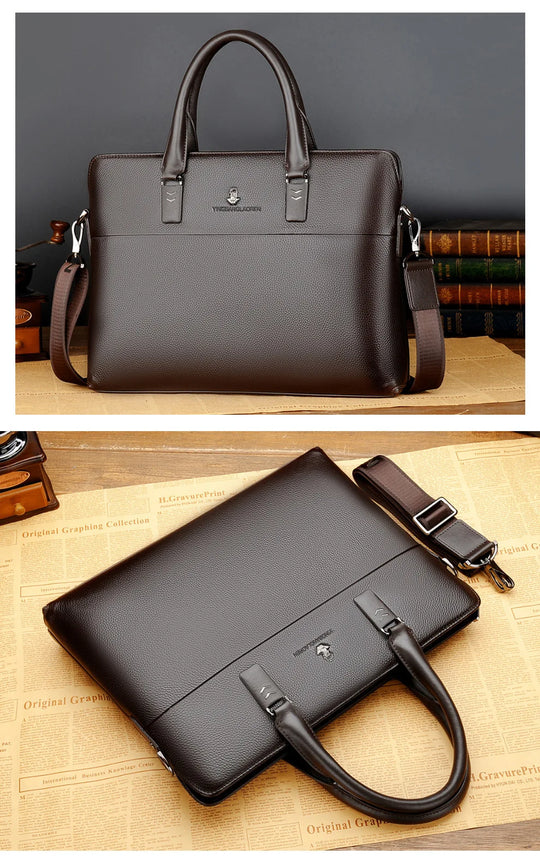 Men’s Genuine Leather Briefcase, Double Zipper Business Bag