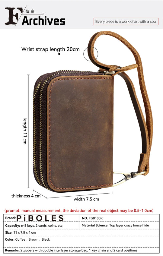 Genuine Leather Key Wallet, Double Zipper Key Organizer Pouch