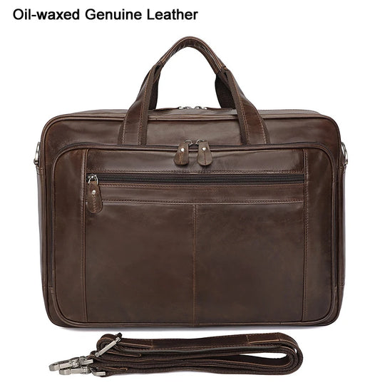 Genuine Crazy Horse Leather Men's Briefcase, 17" Laptop Business Bag