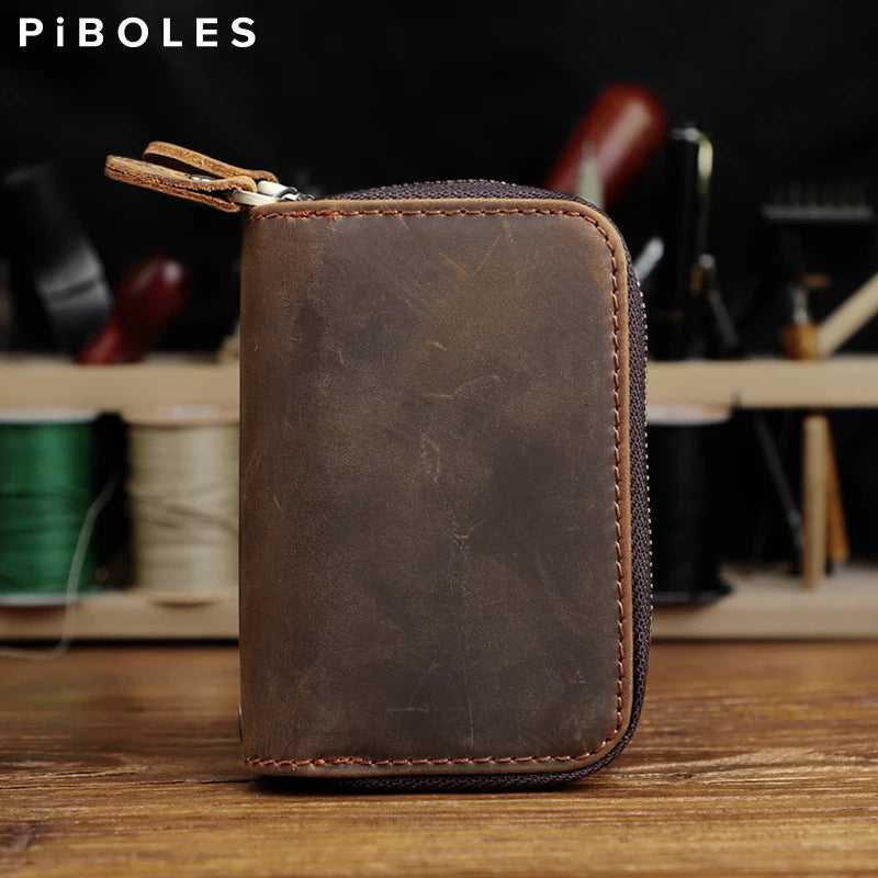 Genuine Leather Key Wallet, Double Zipper Key Organizer Pouch