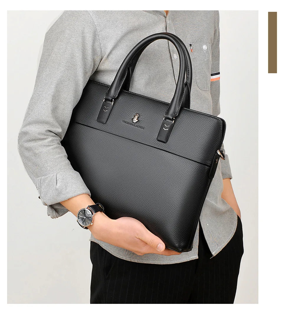 Men’s Genuine Leather Briefcase, Double Zipper Business Bag