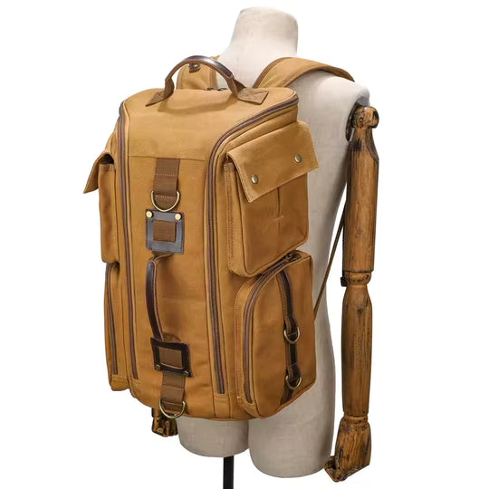 Vintage Leather 16 inch Laptop Backpack and Bag Two-In-One, Waxed Canvas Shoulder Rucksack, Carry-On Travel Bag-Backpack for Men and Women