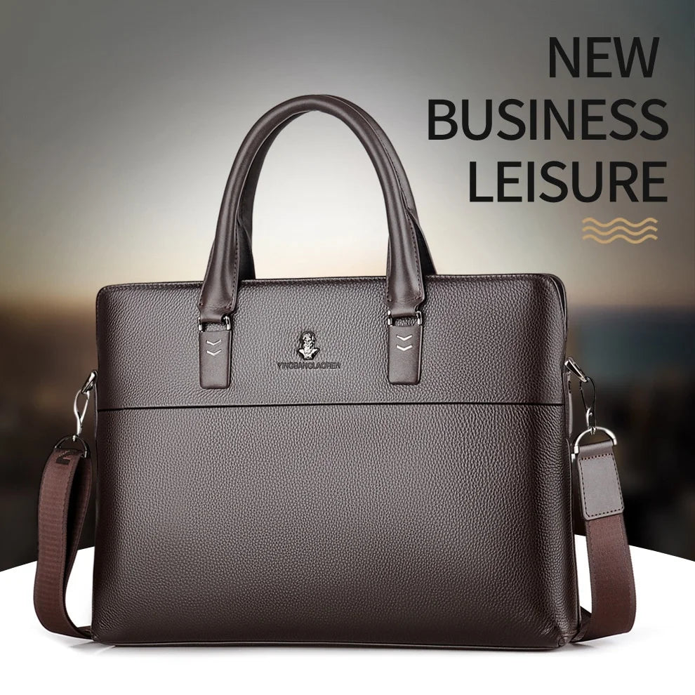Men’s Genuine Leather Briefcase, Double Zipper Business Bag