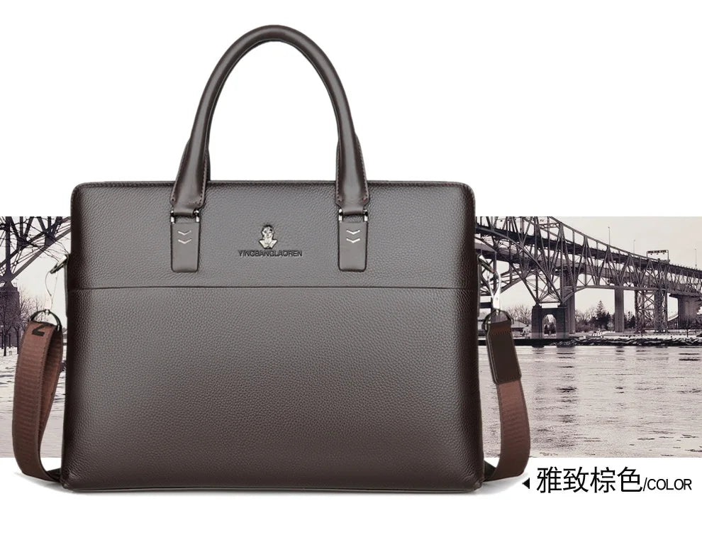 Men’s Genuine Leather Briefcase, Double Zipper Business Bag