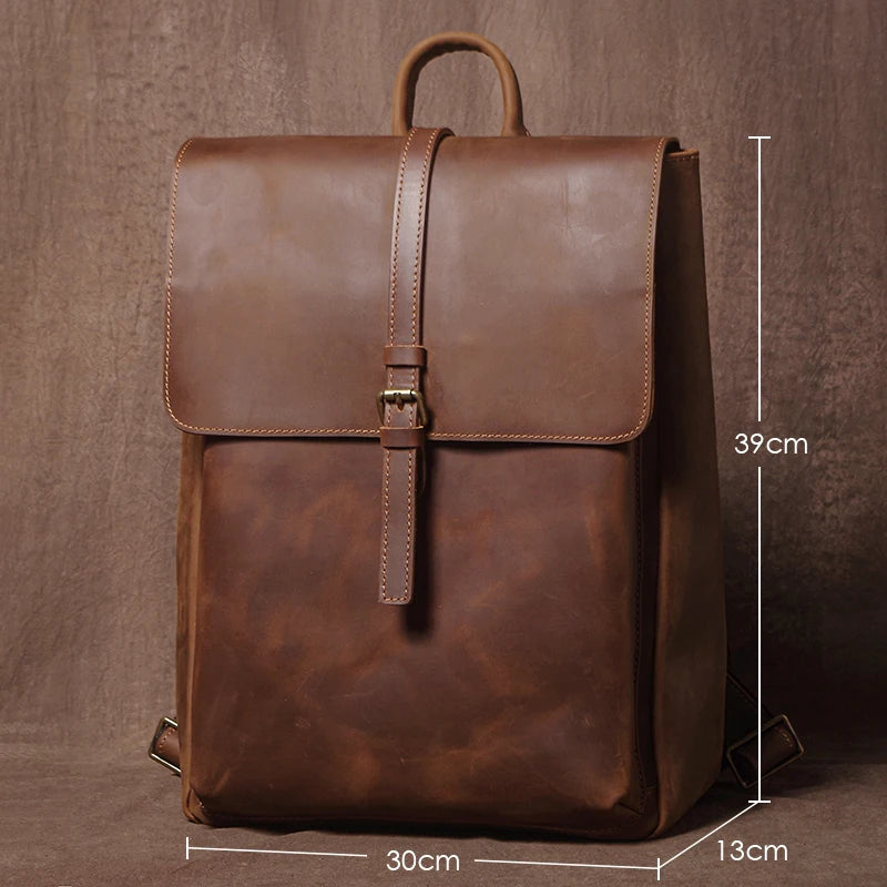 Men’s Retro Genuine Leather Backpack, Flap Travel Commuter Bag