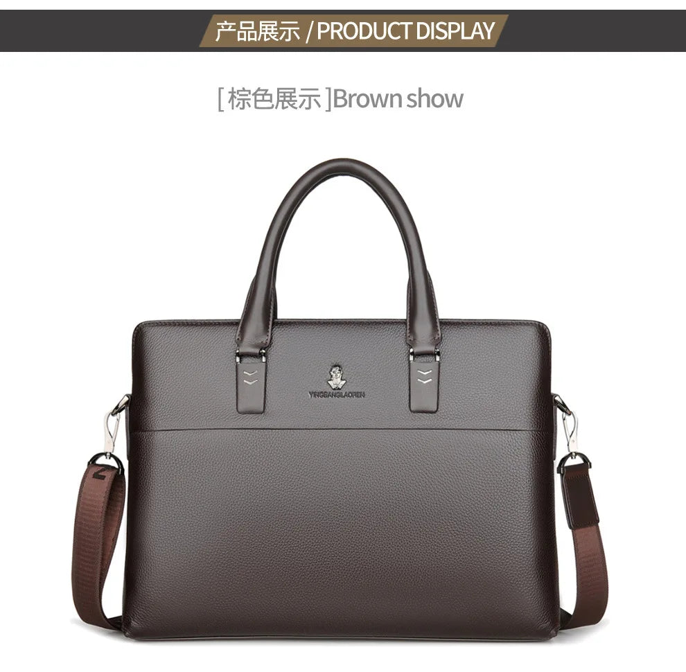 Men’s Genuine Leather Briefcase, Double Zipper Business Bag