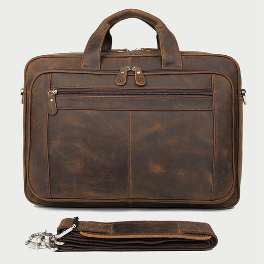Genuine Crazy Horse Leather Men's Briefcase, 17" Laptop Business Bag