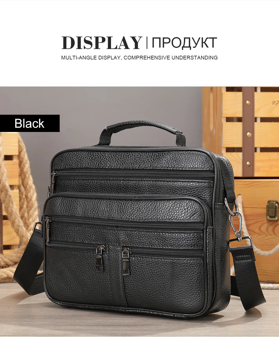 Men’s Genuine Cowhide Leather Shoulder Bag, Business Messenger