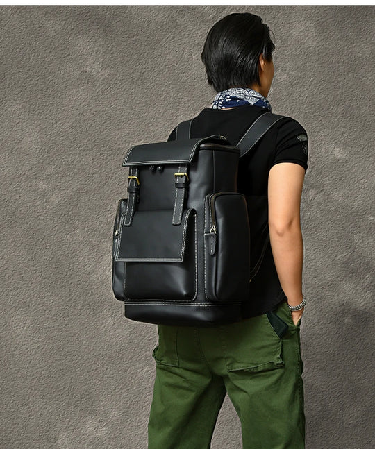 Vintage Crazy Horse Leather Backpack for Men, Large Hiking Bag