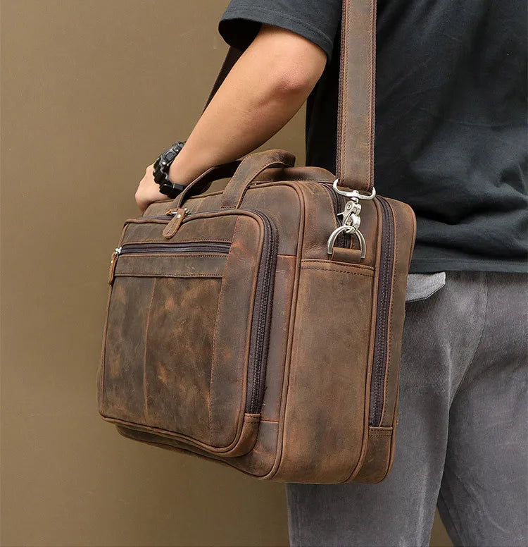 Genuine Crazy Horse Leather Men's Briefcase, 17" Laptop Business Bag