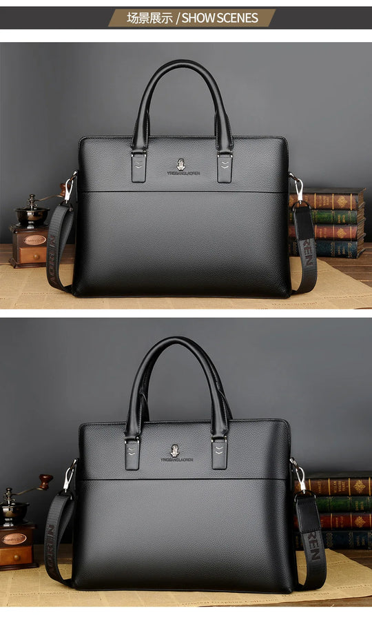 Men’s Genuine Leather Briefcase, Double Zipper Business Bag