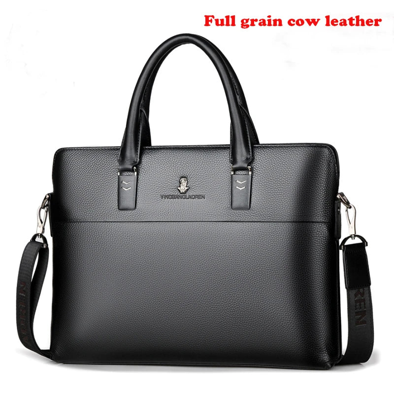 Men’s Genuine Leather Briefcase, Double Zipper Business Bag