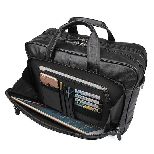 Genuine Crazy Horse Leather Men's Briefcase, 17" Laptop Business Bag