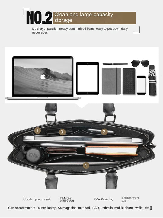 Men’s Genuine Leather Briefcase, Double Zipper Business Bag