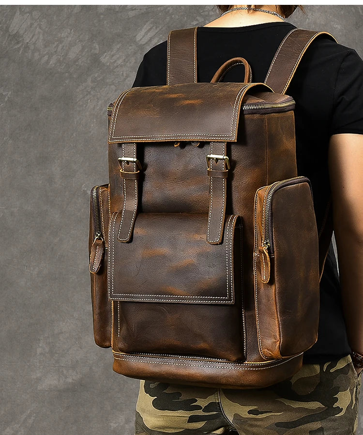 Vintage Crazy Horse Leather Backpack for Men, Large Hiking Bag