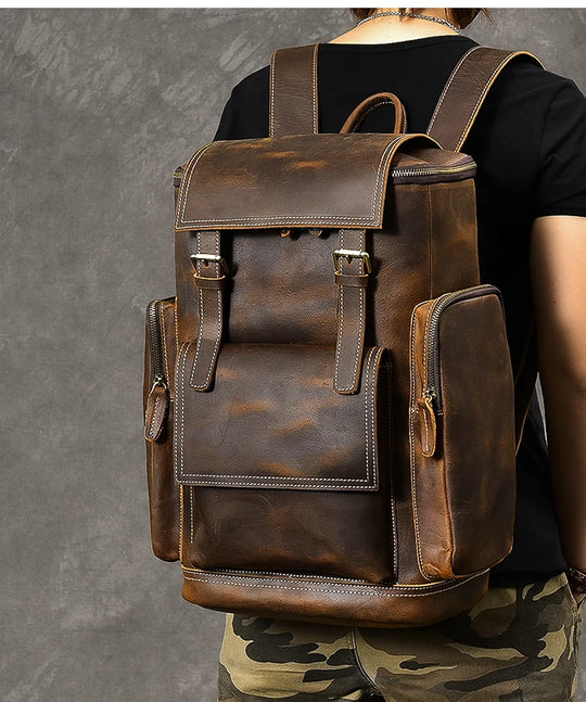Vintage Crazy Horse Leather Backpack for Men, Large Hiking Bag