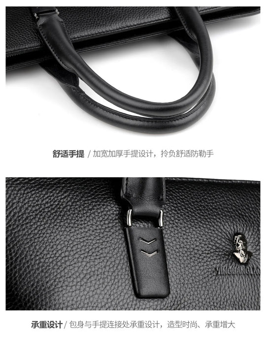 Men’s Genuine Leather Briefcase, Double Zipper Business Bag