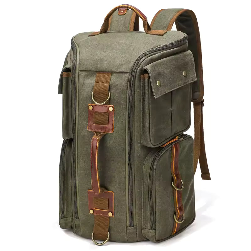 Vintage Leather 16 inch Laptop Backpack and Bag Two-In-One, Waxed Canvas Shoulder Rucksack, Carry-On Travel Bag-Backpack for Men and Women