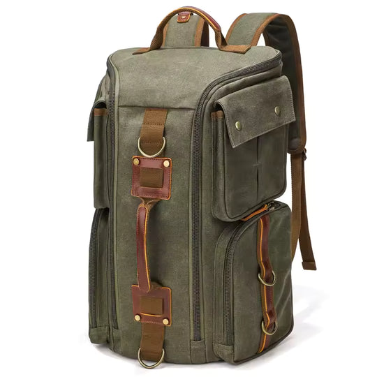 Vintage Leather 16 inch Laptop Backpack and Bag Two-In-One, Waxed Canvas Shoulder Rucksack, Carry-On Travel Bag-Backpack for Men and Women