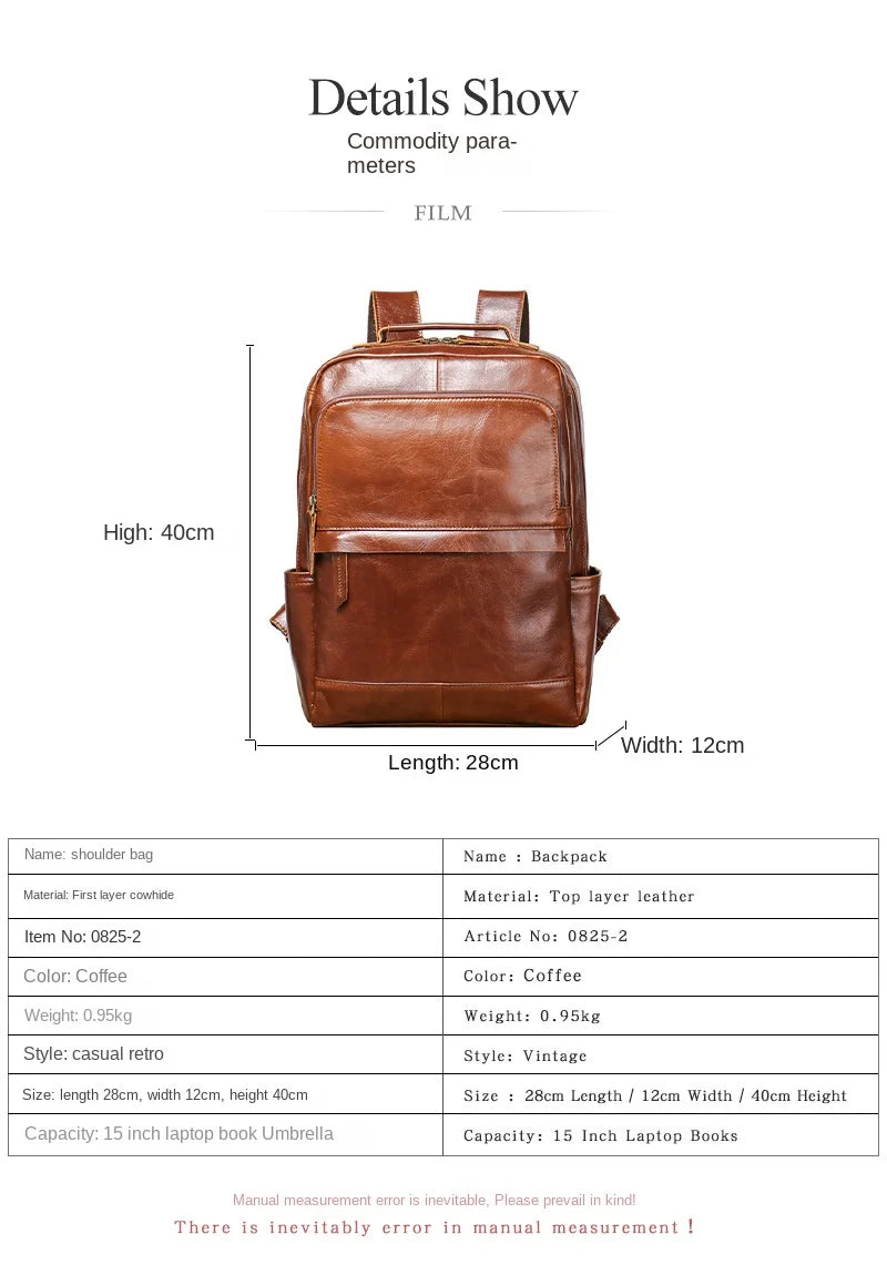 Retro Style Top Layer Cowhide Men's Travel Backpack, Women's Genuine Leather Computer Backpack, Large Capacity Handbag