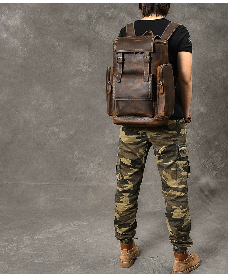 Vintage Crazy Horse Leather Backpack for Men, Large Hiking Bag