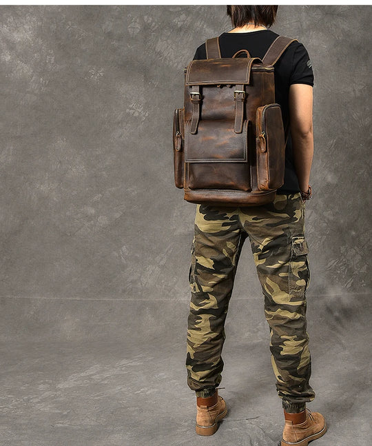 Vintage Crazy Horse Leather Backpack for Men, Large Hiking Bag