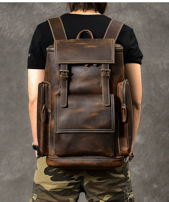 Vintage Crazy Horse Leather Backpack for Men, Large Hiking Bag