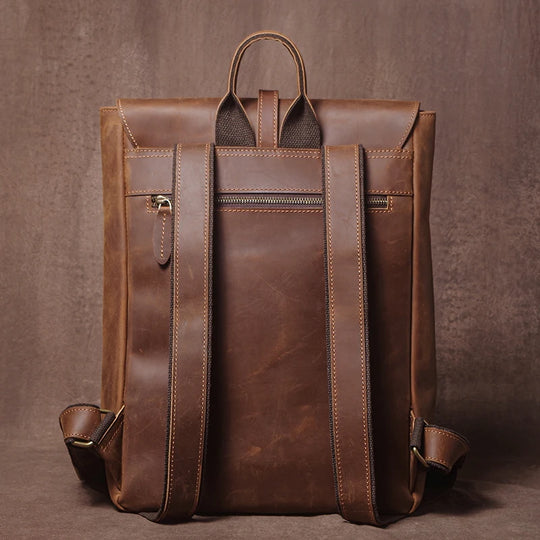 Men’s Retro Genuine Leather Backpack, Flap Travel Commuter Bag