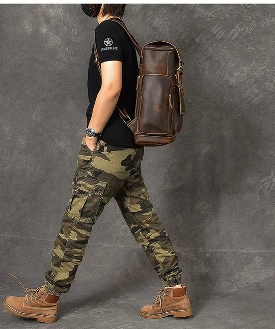 Vintage Crazy Horse Leather Backpack for Men, Large Hiking Bag