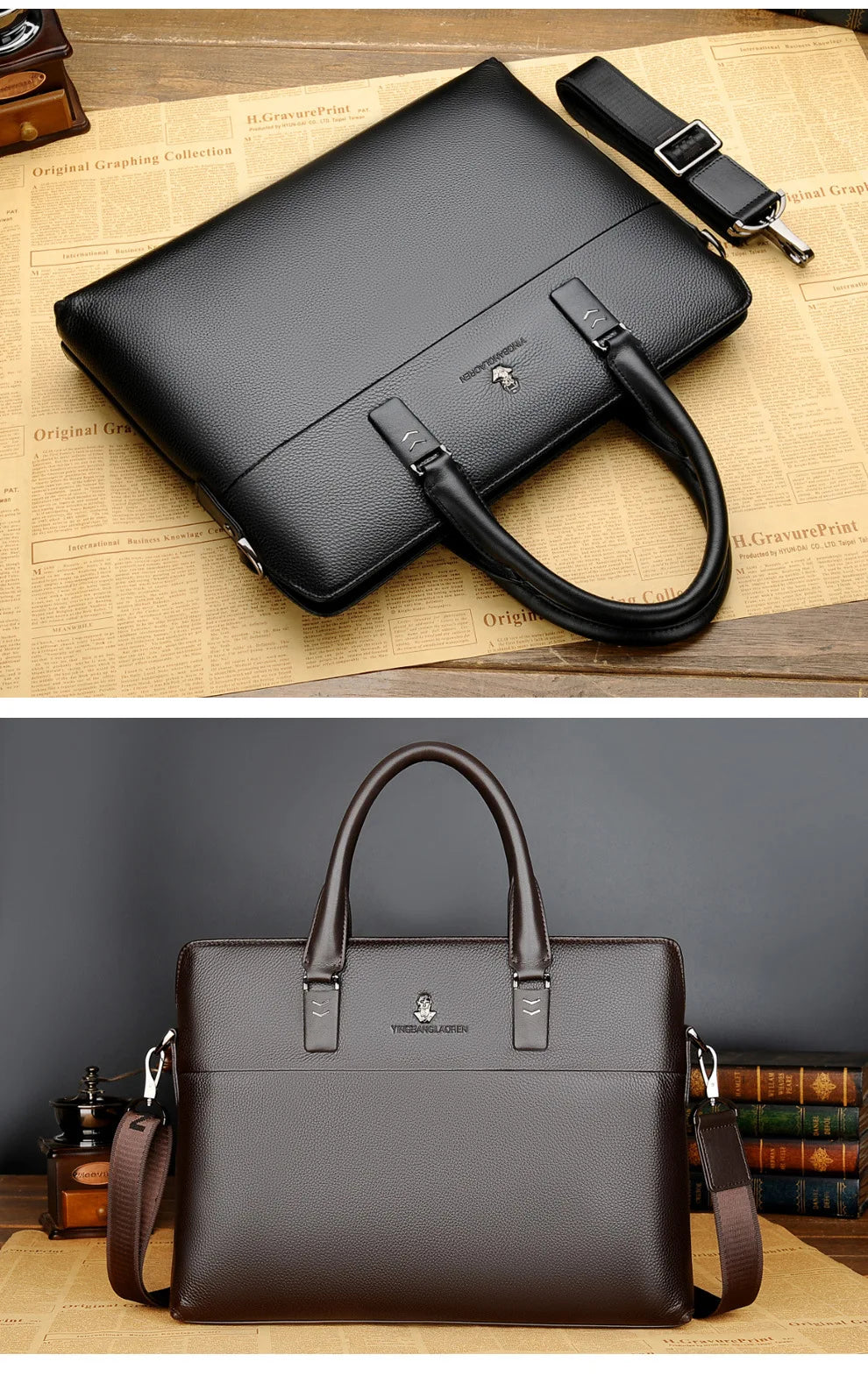 Men’s Genuine Leather Briefcase, Double Zipper Business Bag