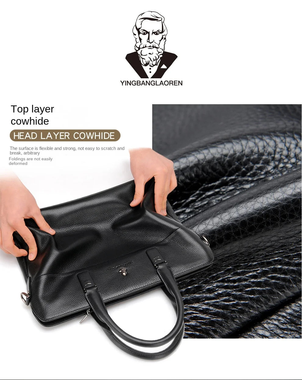Men’s Genuine Leather Briefcase, Double Zipper Business Bag