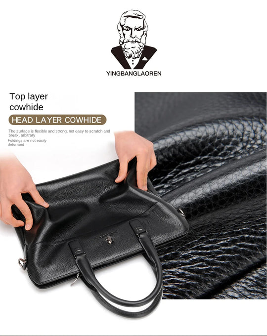 Men’s Genuine Leather Briefcase, Double Zipper Business Bag