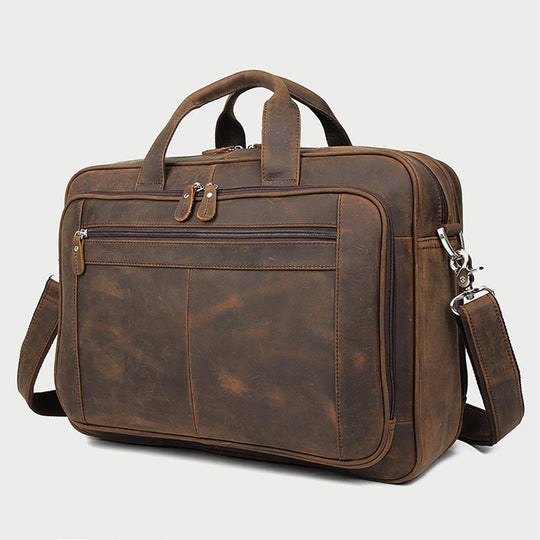 Genuine Crazy Horse Leather Men's Briefcase, 17" Laptop Business Bag