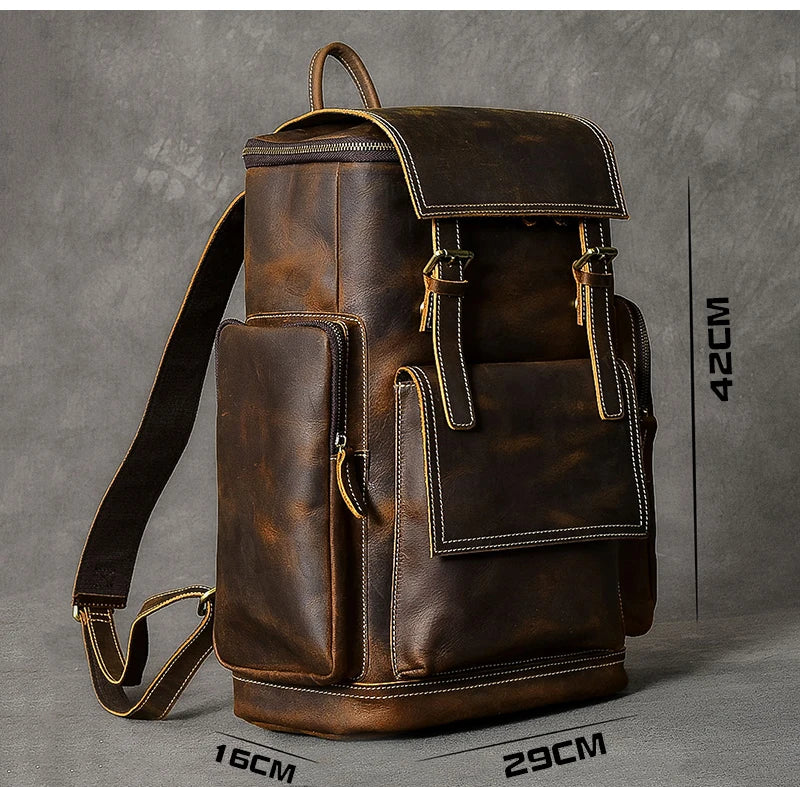 Vintage Genuine Leather Backpack for Men, Crazy Horse Leather Bagpack, Climbing Rucksack, Large Hiking Backpack