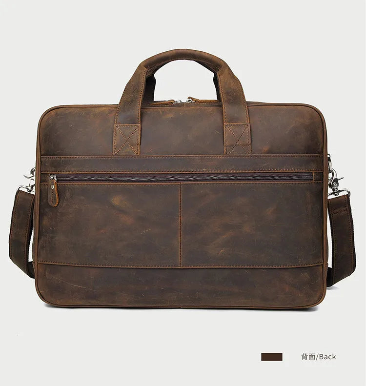 Genuine Crazy Horse Leather Men's Briefcase, 17" Laptop Business Bag