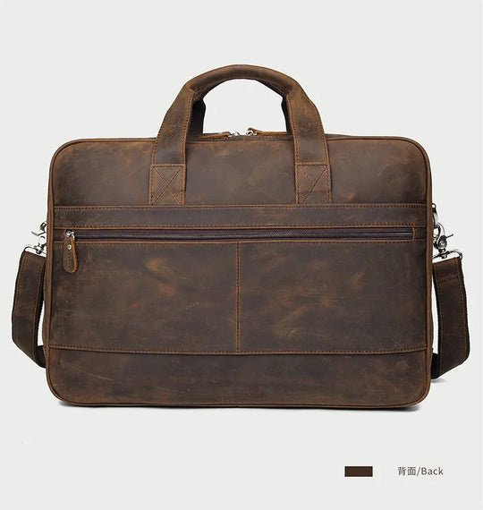 Genuine Crazy Horse Leather Men's Briefcase, 17" Laptop Business Bag
